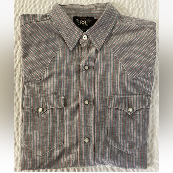 RRL Ralph Lauren Pearl Snap Striped Denim Oxford Western Cut Workshirt Size L - Picture 8 of 8